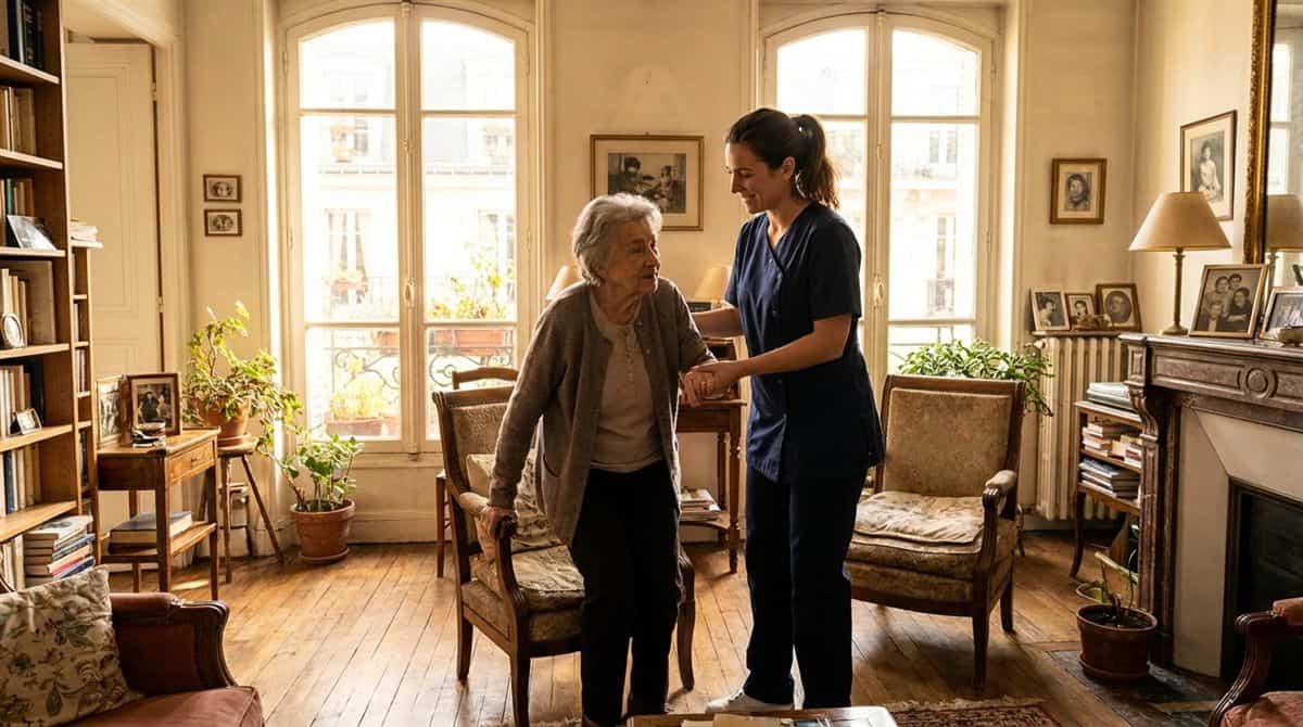 Aide a domicile francaise accompagnant une personne agee dans un appartement parisien