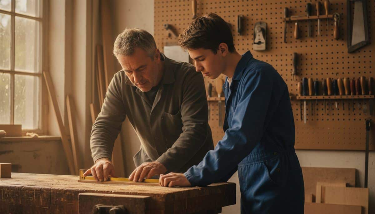 Apprenti artisan : maitre artisan francais montrant une technique de mesure a un jeune apprenti dans un atelier