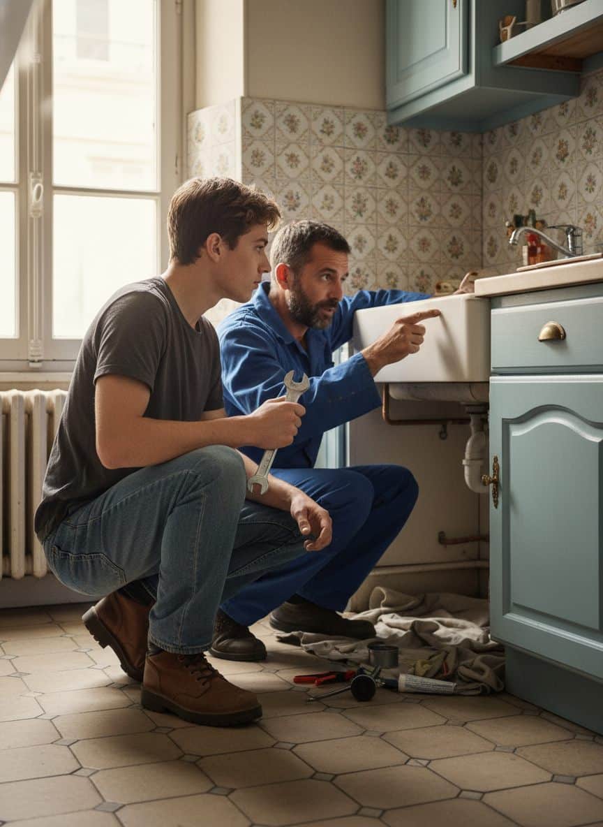 Jeune apprenti plombier francais apprenant aupres d'un artisan experimente sous un evier de cuisine