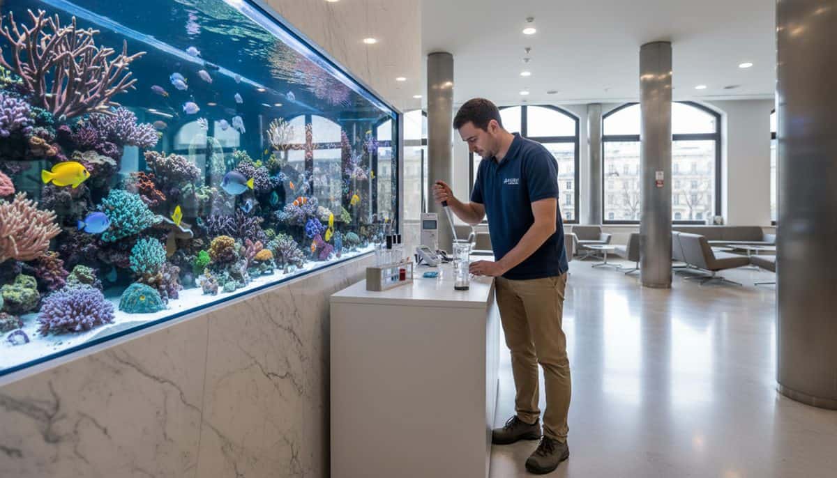 Technicien vérifiant la qualité de l'eau d'un aquarium récifal dans un hall d'entreprise