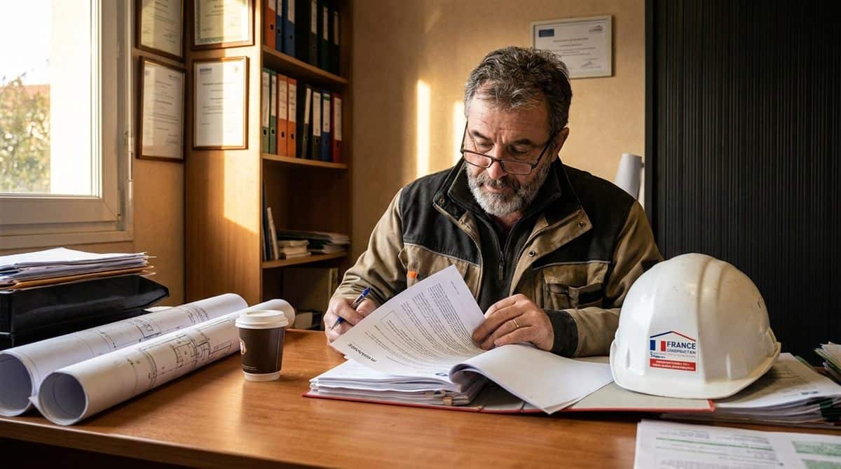 Entrepreneur du bâtiment relisant des documents d'assurance décennale artisan à son bureau