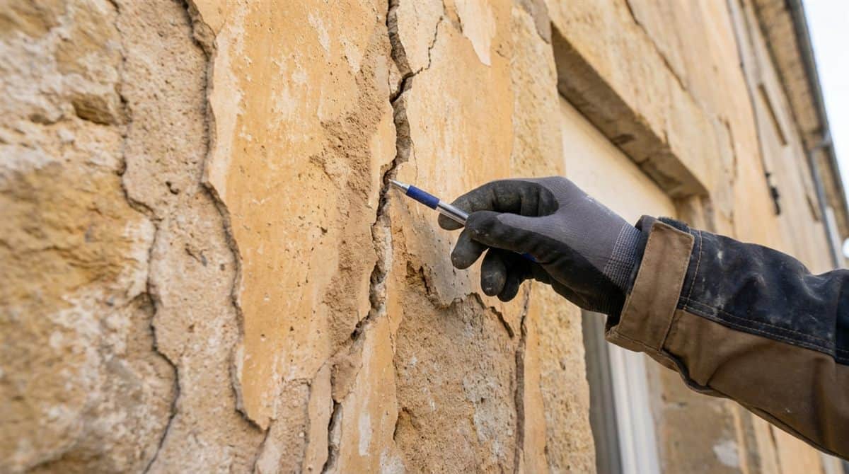 Entrepreneur inspectant une fissure sur la façade d'un bâtiment résidentiel - assurance décennale artisan