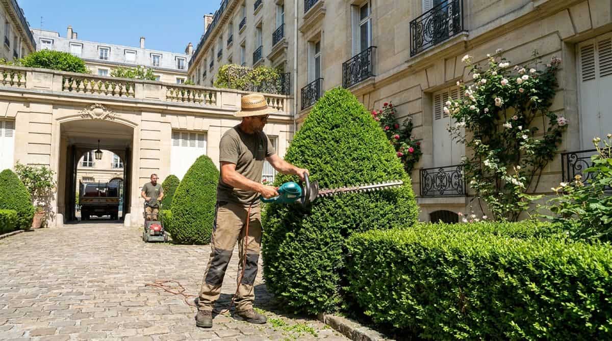 Paysagiste entretenant un jardin de copropiété dans une cour d'immeuble parisien