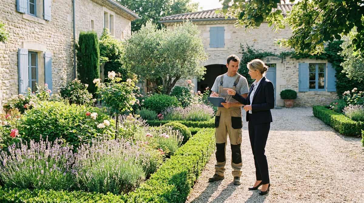 Paysagiste discutant d'un contrat d'entretien jardin avec un gestionnaire de copropiété