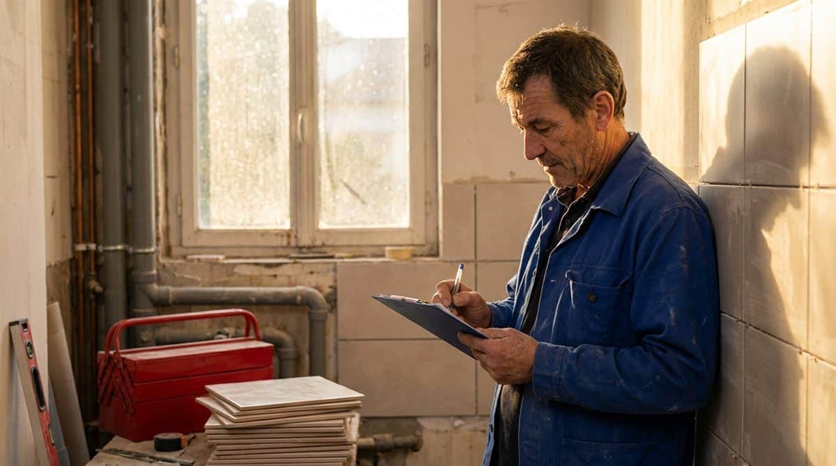 Plombier rédigeant un devis plomberie professionnel sur un chantier de rénovation