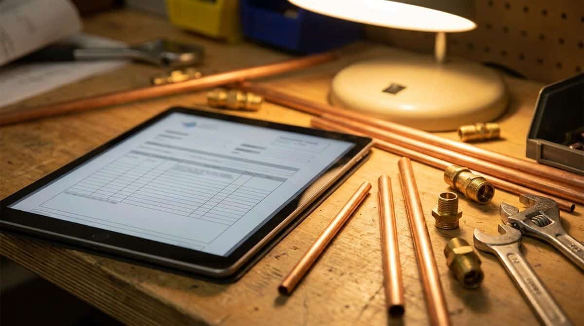 Tablette affichant un devis plomberie détaillé à côté de raccords en cuivre