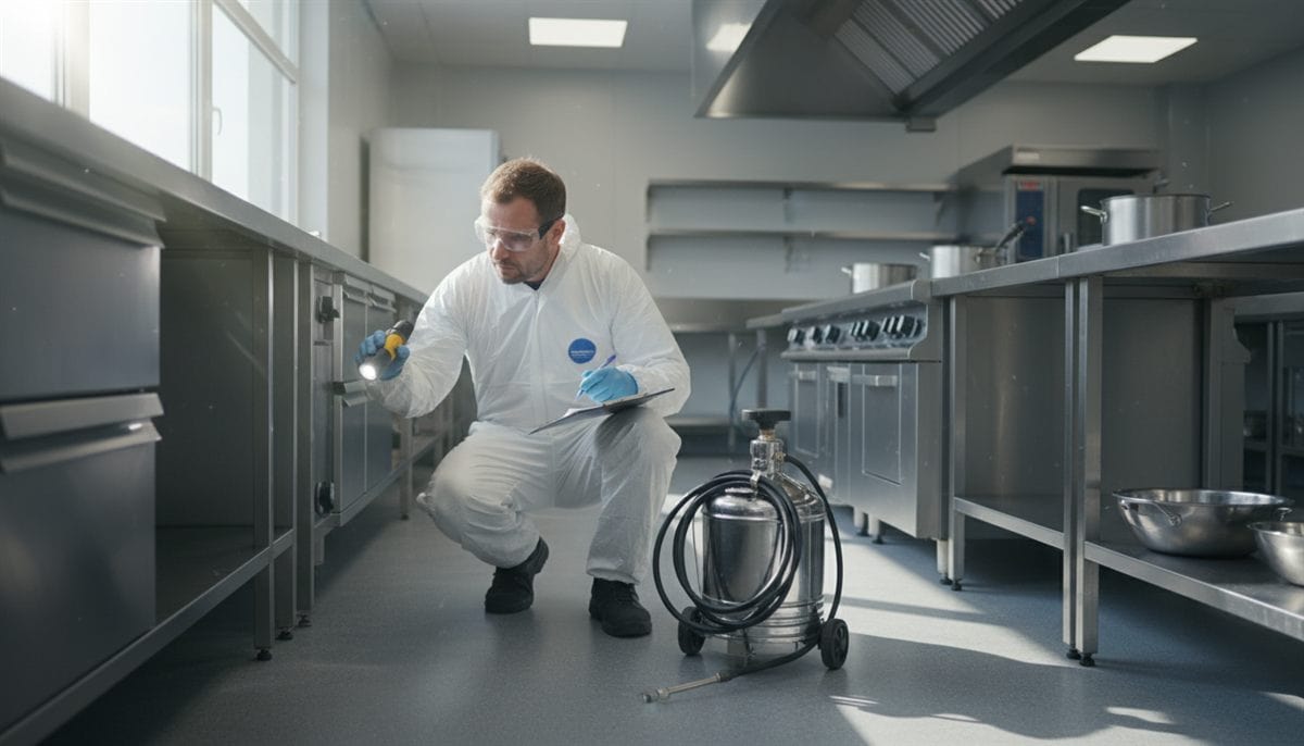 Entreprise désinsectisation France : technicien en combinaison blanche inspectant une cuisine professionnelle avec lampe et pulvérisateur
