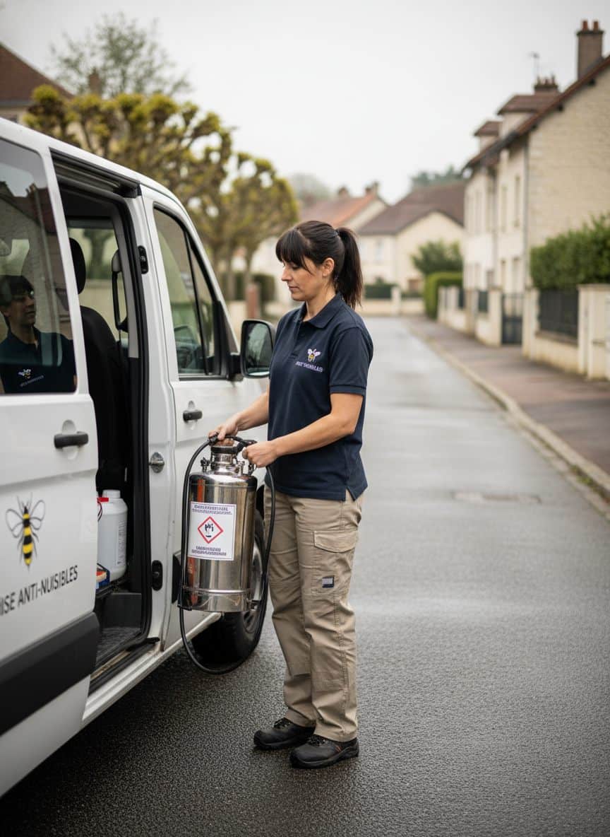 Opératrice française de désinsectisation chargeant du matériel professionnel dans un véhicule utilitaire