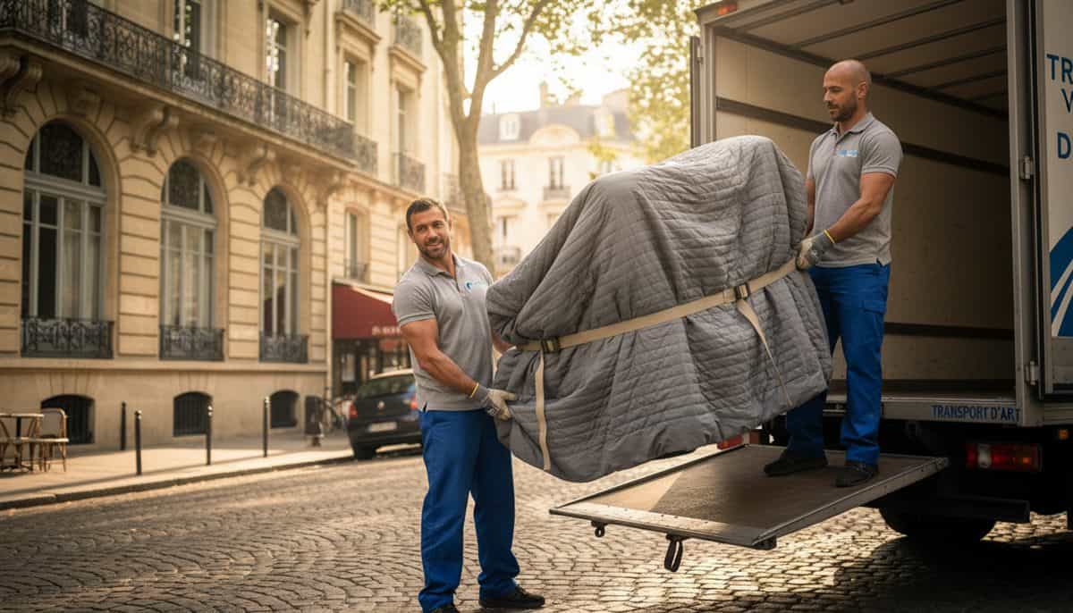 Déménageurs français chargeant un meuble protégé dans un camion de déménagement