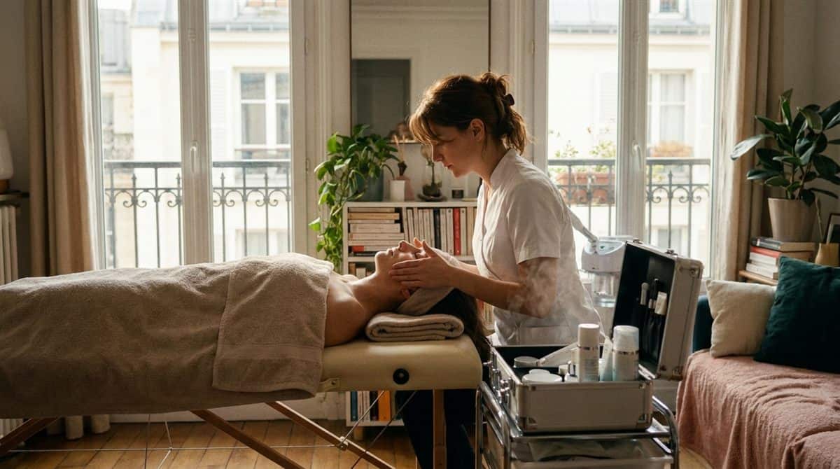 Estheticienne a domicile realisant un soin du visage dans un appartement parisien