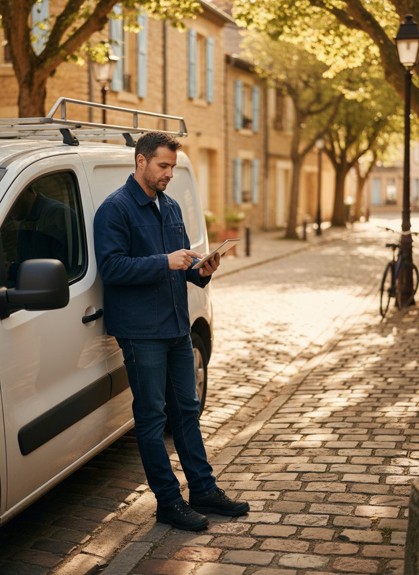 Artisan vérifiant une facture sur tablette à côté de son véhicule utilitaire