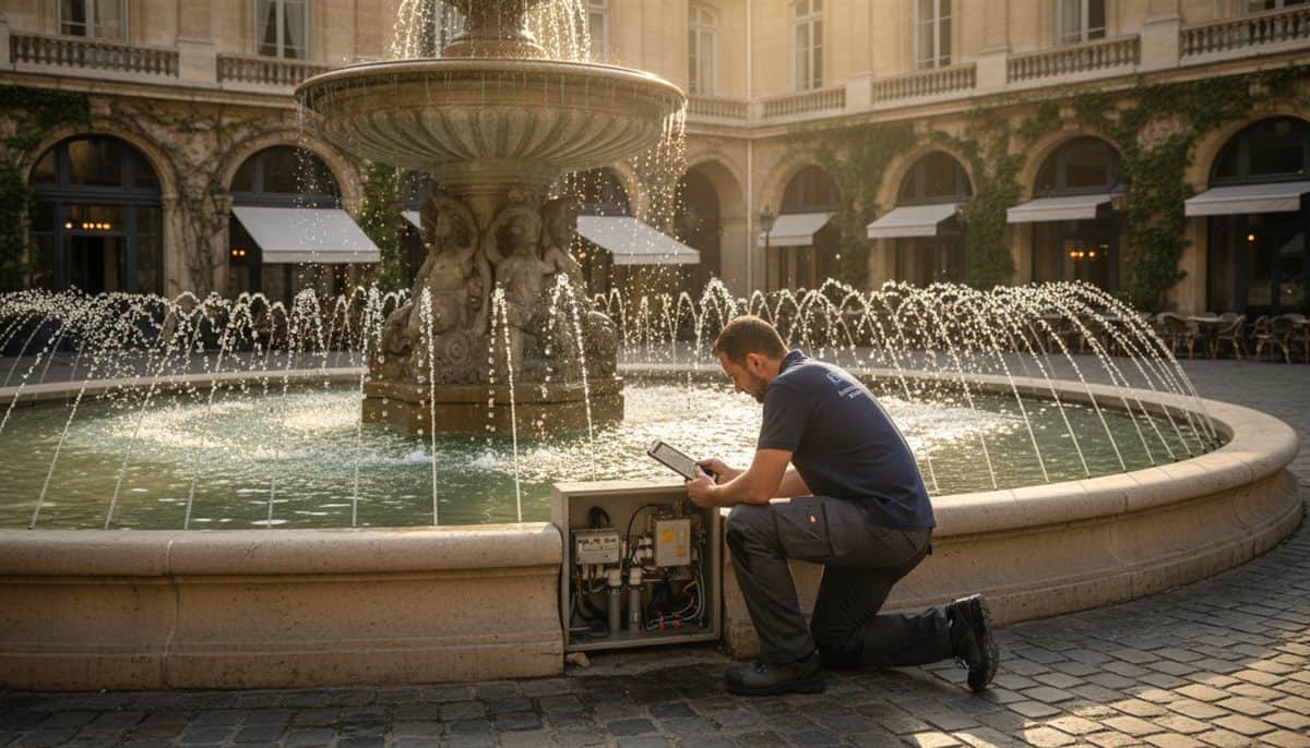 Technicien inspectant une fontaine commerciale dans la cour d'un hôtel en France