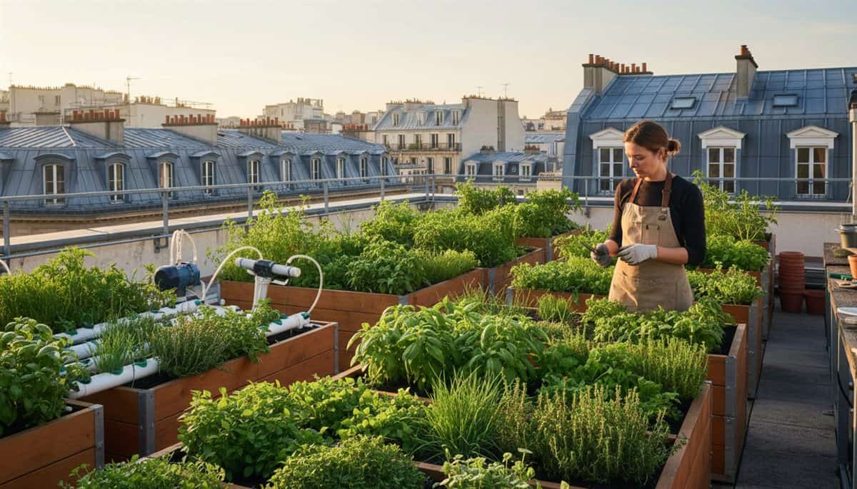 Jardin culinaire sur un toit parisien avec herbes aromatiques fraîches