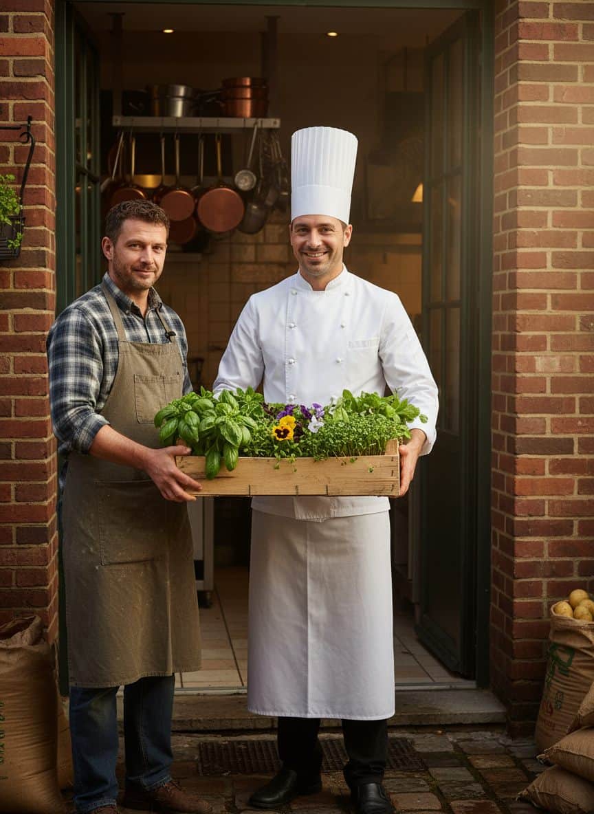 Producteur livrant un cageot d'herbes fraîches à un chef cuisinier français