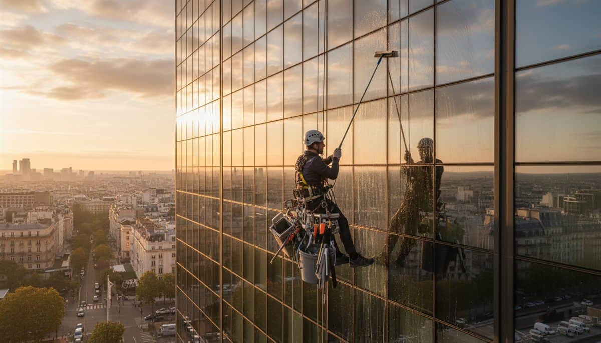 Laveur de vitres professionnel sur corde travaillant sur une façade vitrée à Paris