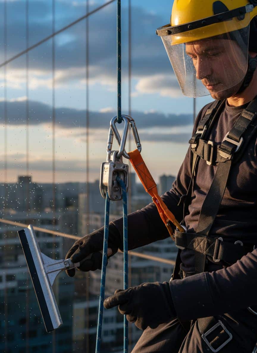 Équipement de sécurité d'un laveur de vitres professionnel en hauteur