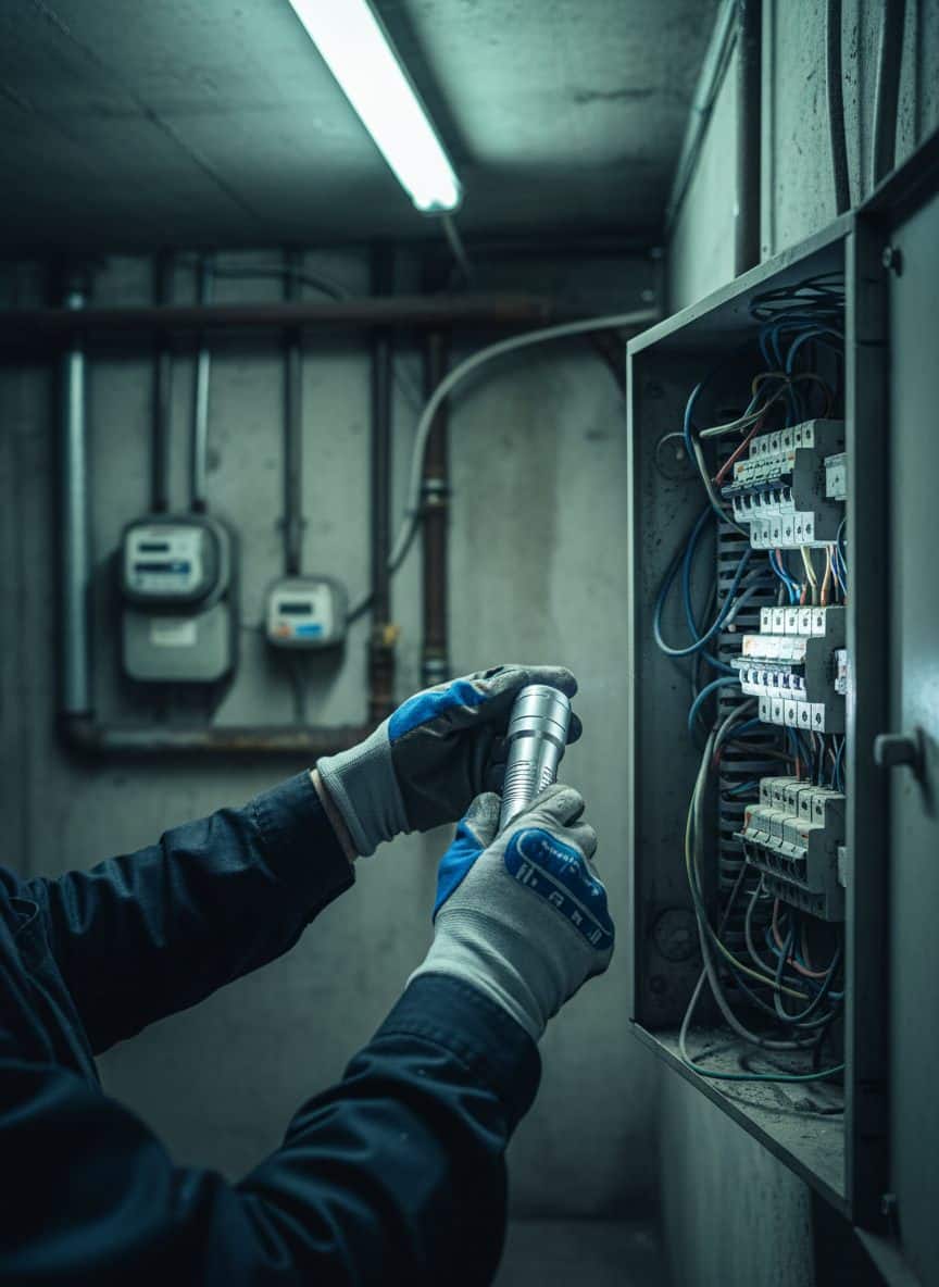 Mains d'un technicien inspectant un tableau electrique en sous-sol d'immeuble
