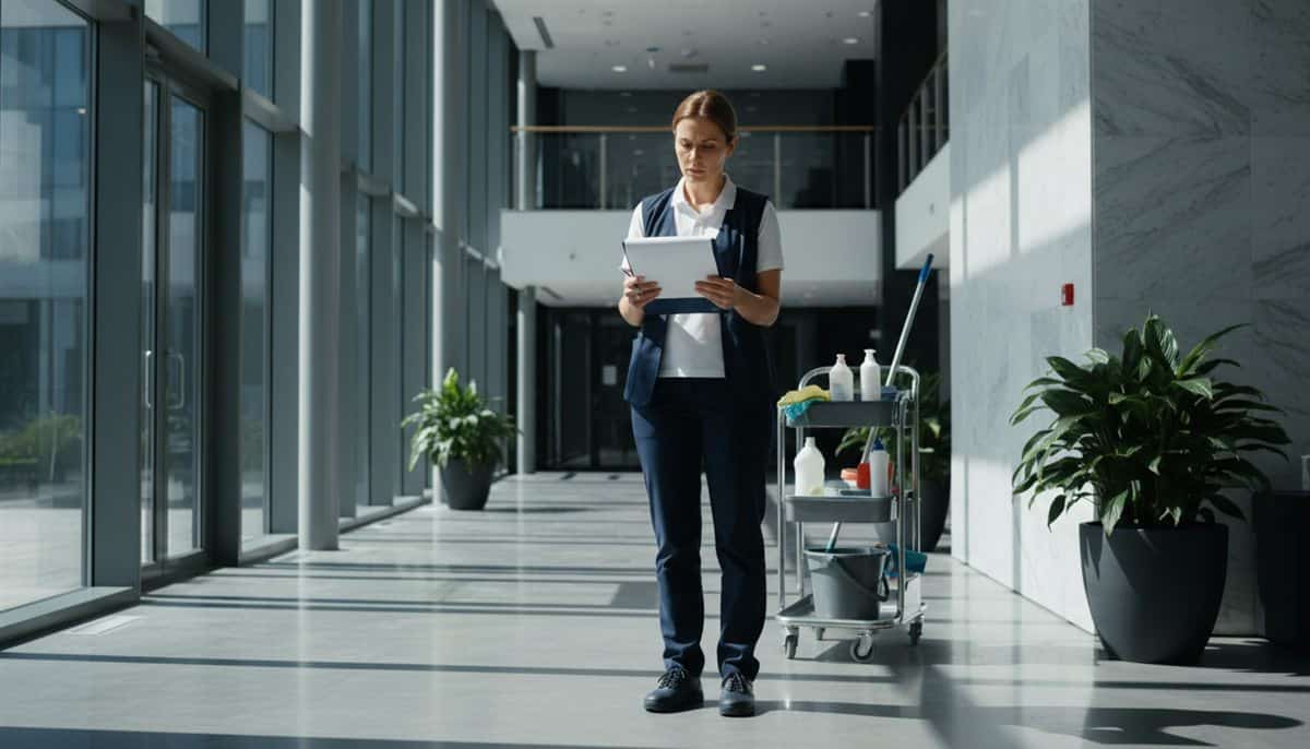 Professionnelle du nettoyage commercial consultant un contrat de service dans le hall d’un immeuble de bureaux