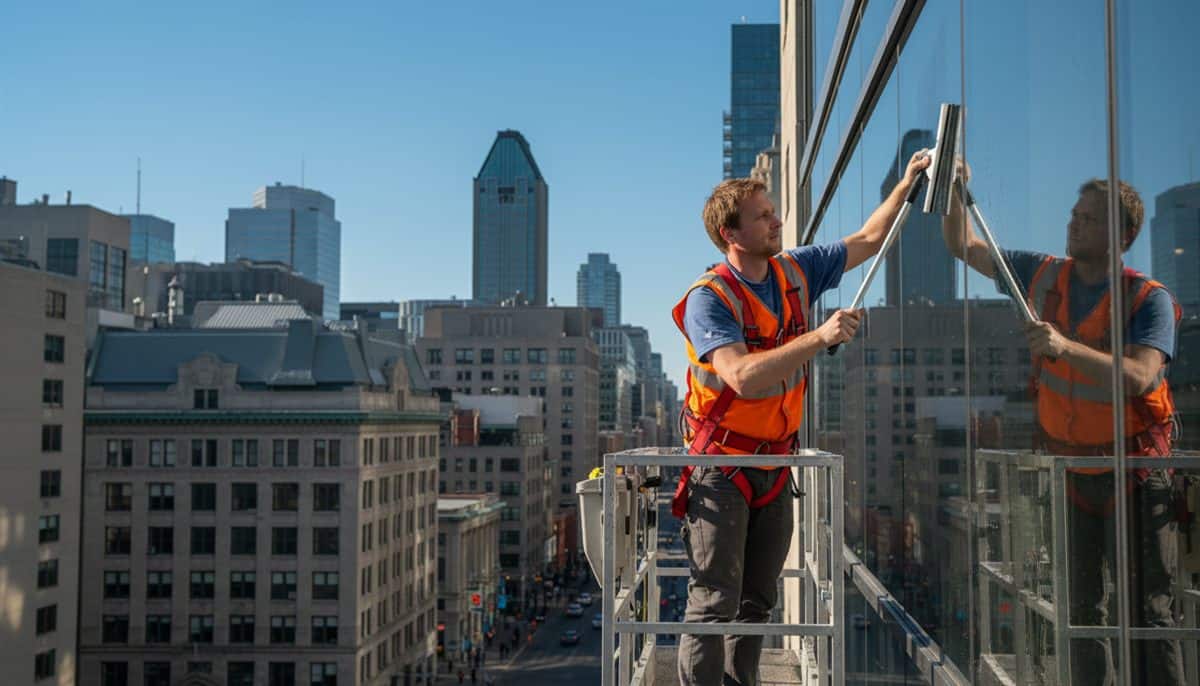 Nettoyage vitres Quebec : laveur de vitres quebecois sur plateforme hydraulique nettoyant un immeuble commercial a Montreal