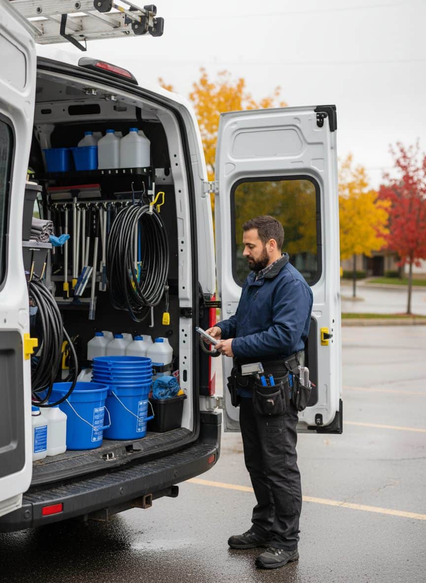Operateur quebecois de nettoyage de vitres organisant son equipement professionnel dans un fourgon utilitaire