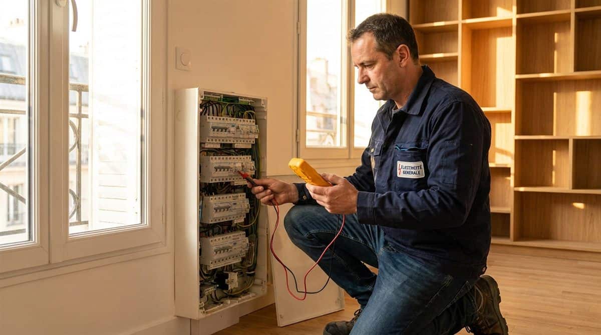 Électricien indépendant vérifiant un tableau électrique conforme à la norme NF C 15-100