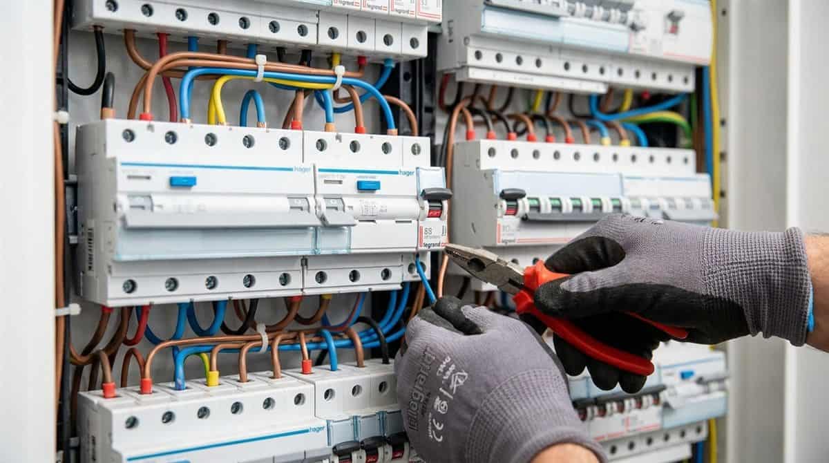 Mains d'électricien connectant des fils dans un tableau électrique avec disjoncteurs différentiels