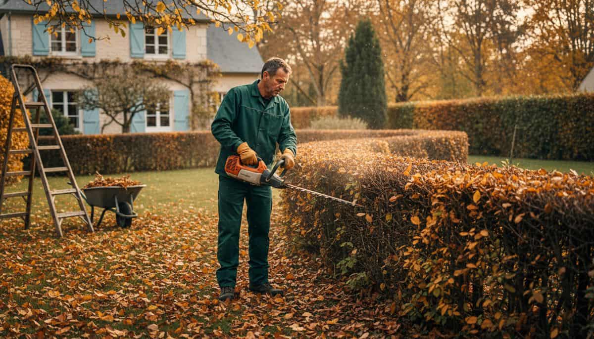 Paysagiste français taillant une haie dans un jardin résidentiel en automne