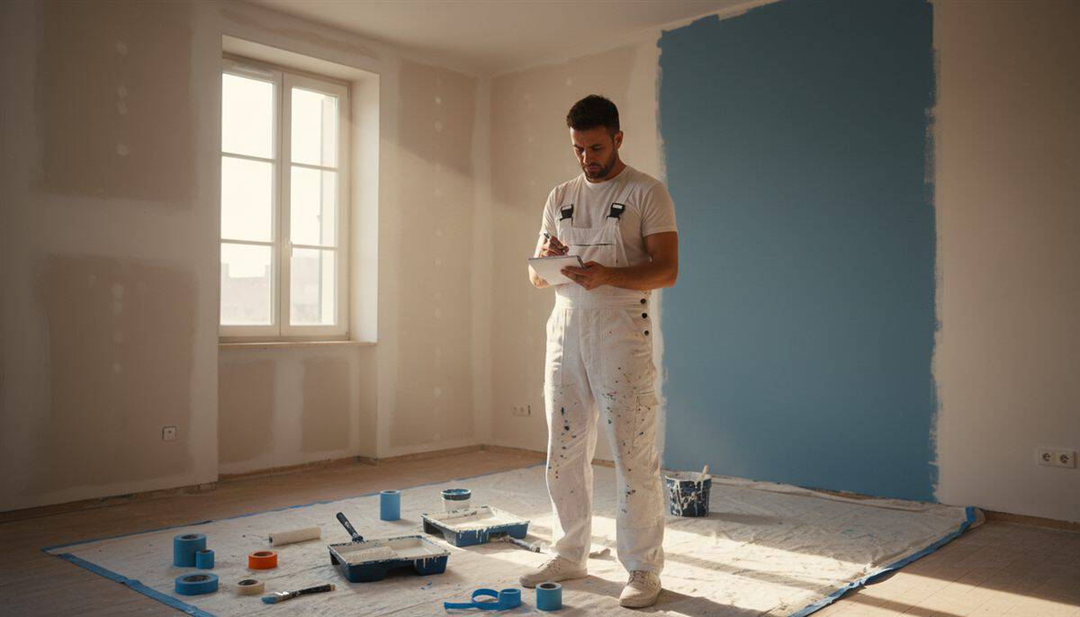 Peintre indépendant calculant un devis dans un appartement en cours de rénovation