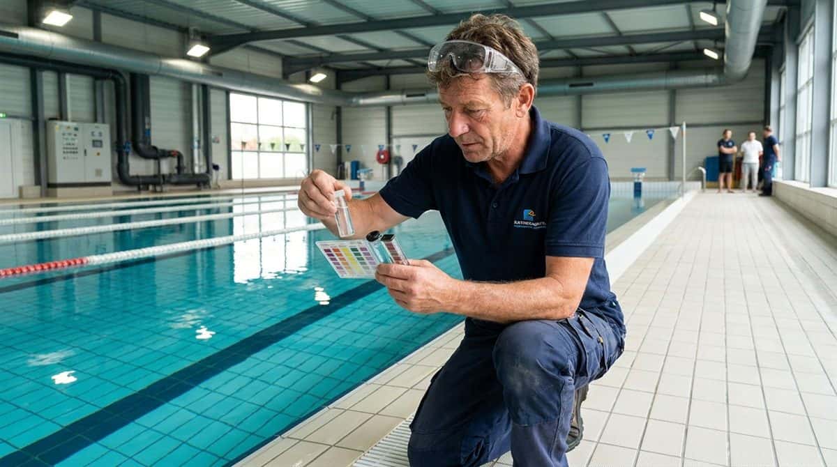 Technicien piscine francais testant la qualite de l'eau dans une piscine collective