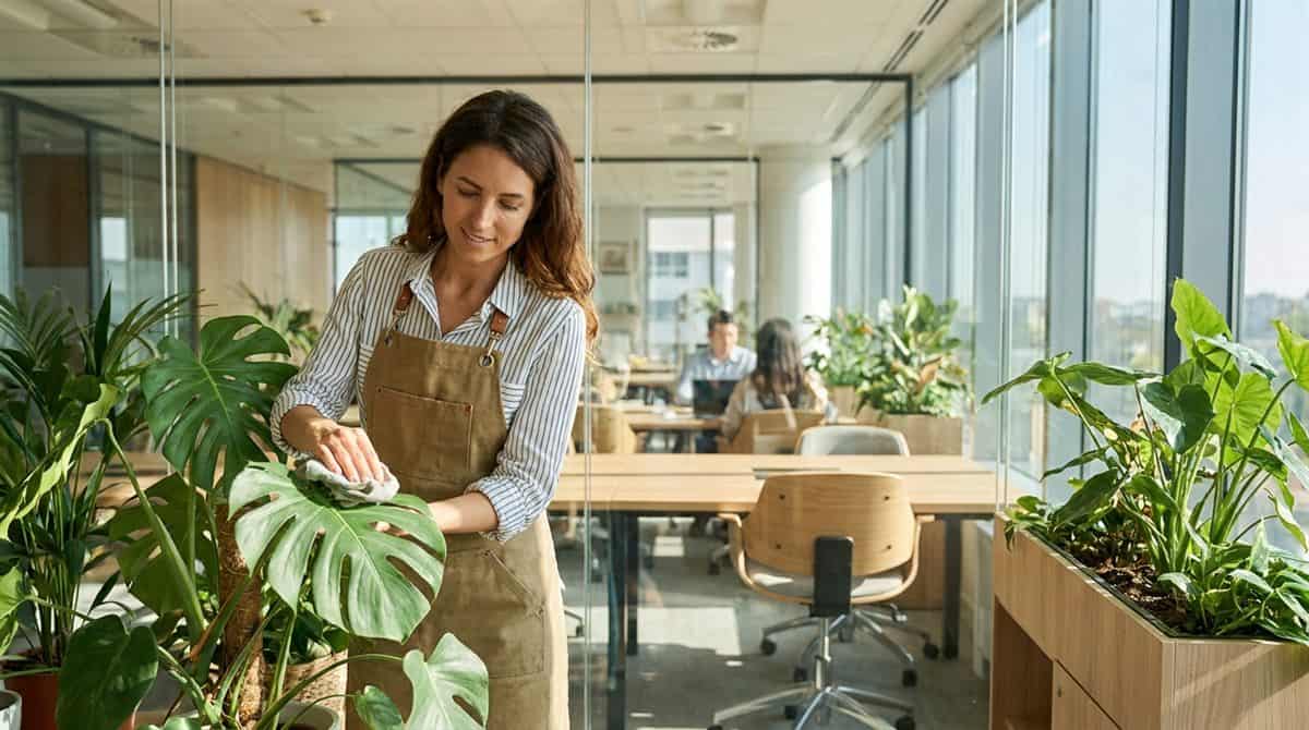 Prestataire de plantes d'interieur entretenant des vegetaux dans un bureau d'entreprise moderne