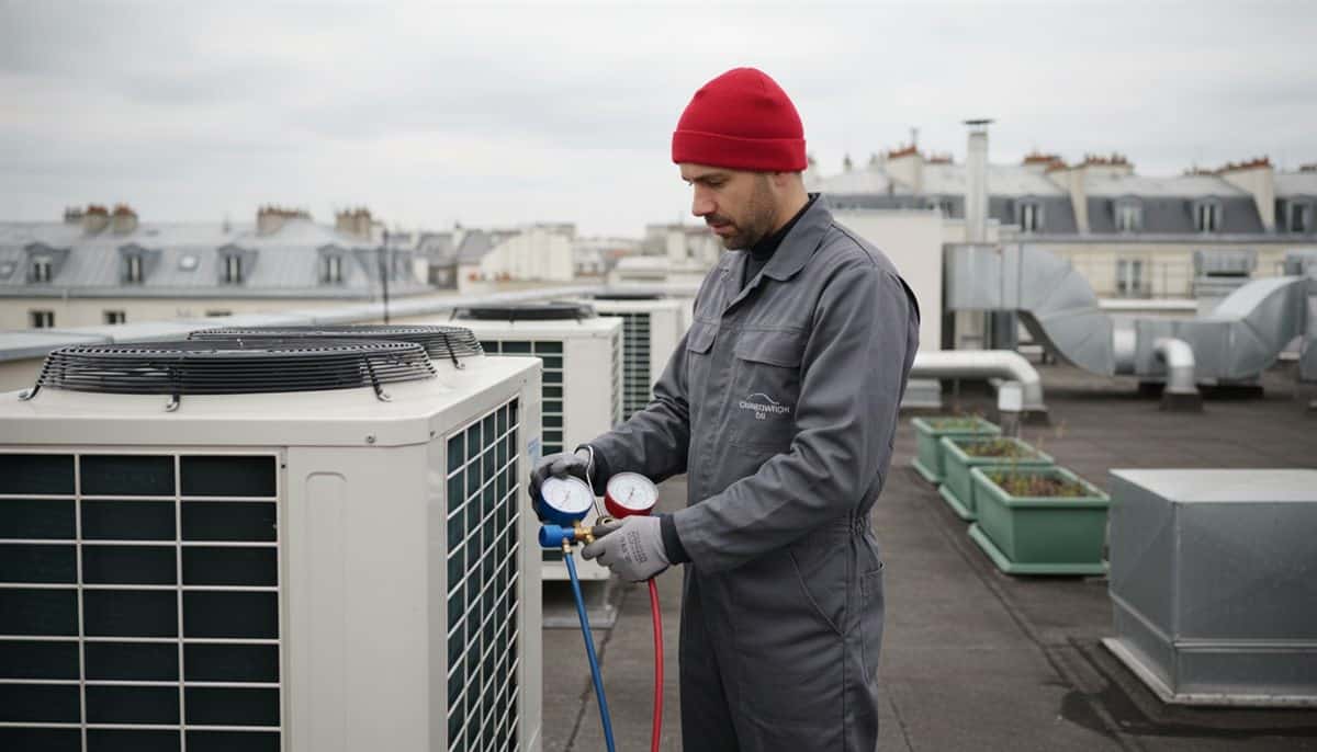 Technicien CVC français vérifiant une unité de climatisation sur un toit-terrasse