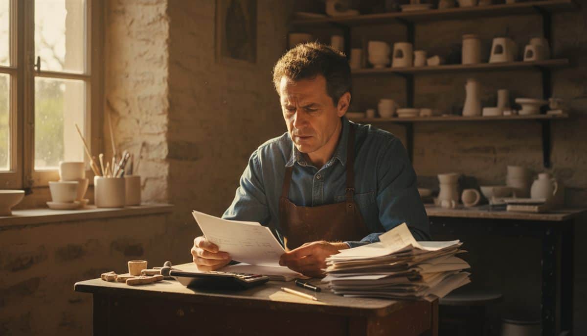 Artisan français relisant des factures impayées à son bureau dans un atelier — retards paiement