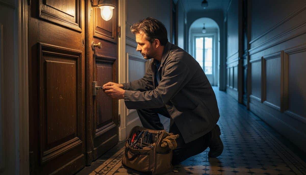 Serrurier dépannage tarifs urgence : artisan français travaillant sur un cylindre de serrure dans un couloir d'immeuble parisien la nuit