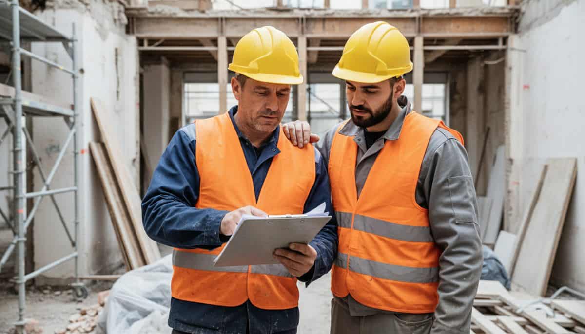Deux ouvriers du bâtiment français discutant d’un contrat de sous-traitance bâtiment sur un chantier de rénovation