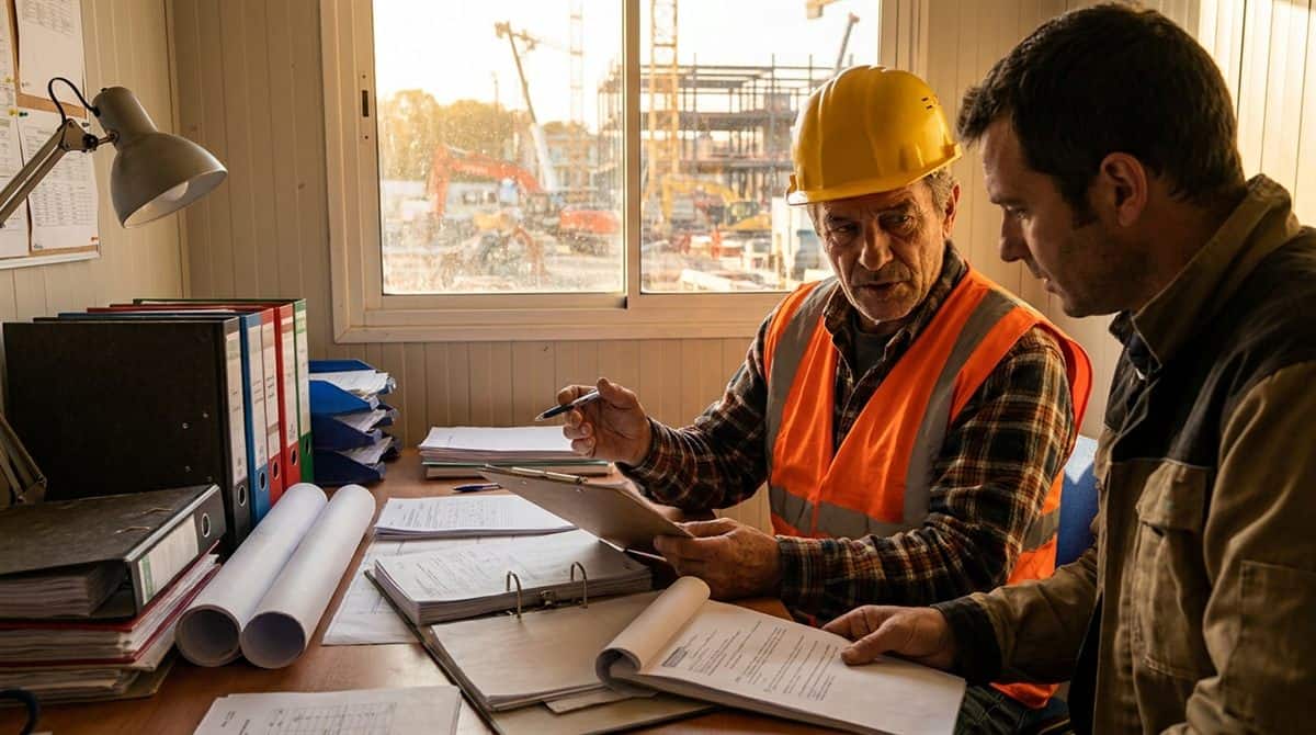 Entrepreneur general francais verifiant des documents de sous-traitance dans un bureau de chantier