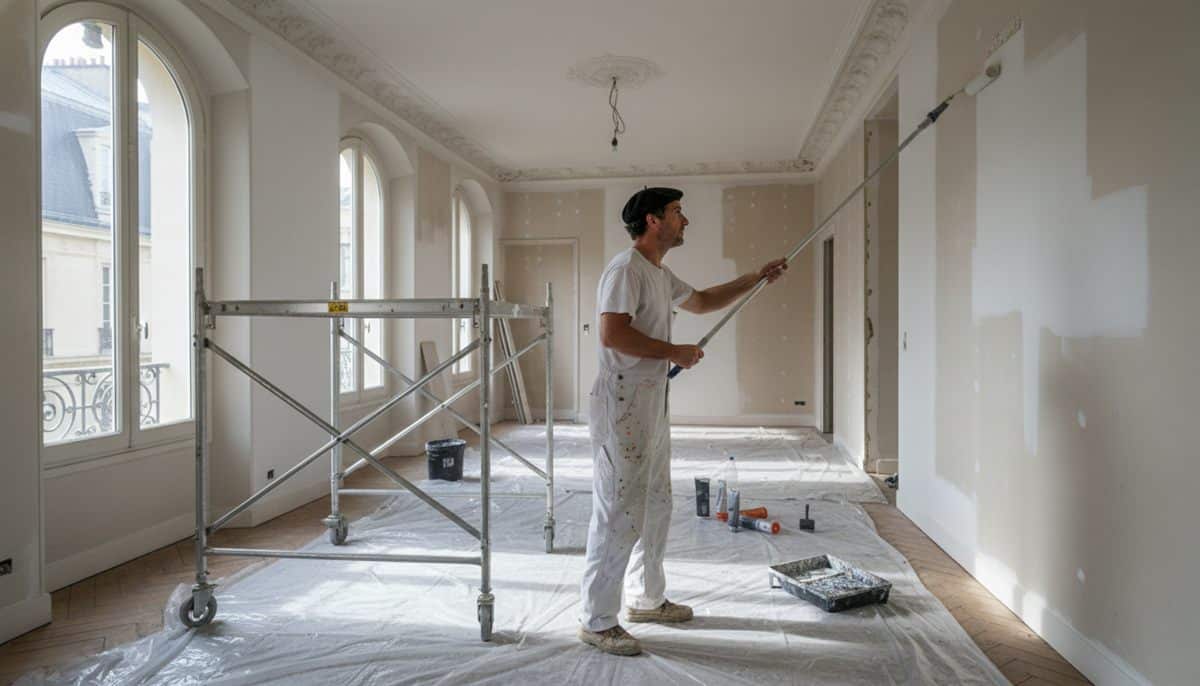 Peintre en bâtiment français travaillant au rouleau dans un appartement en rénovation