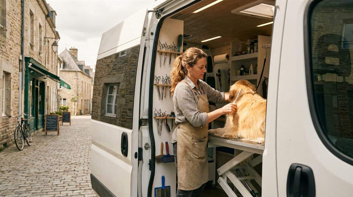 Toiletteuse canine mobile toilettant un golden retriever dans un van amenage en rue residentielle