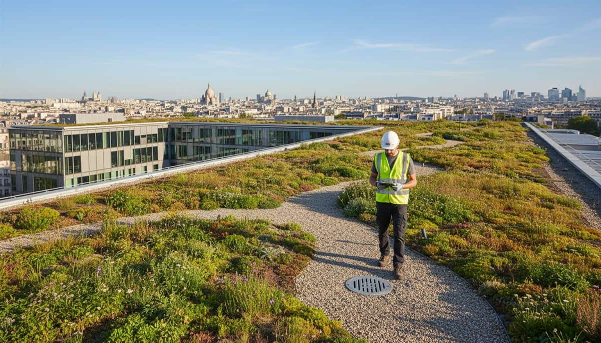 Technicien inspectant une toiture végétalisée avec sedum sur un immeuble français