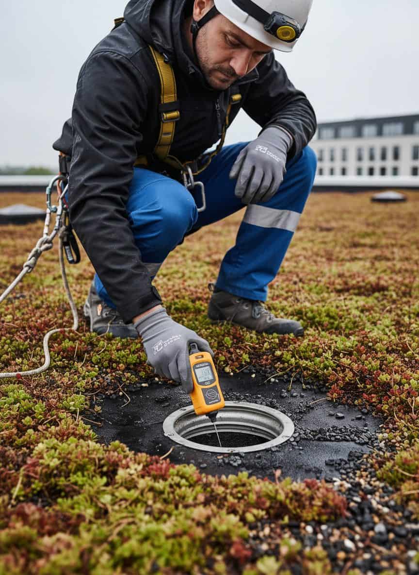 Technicien inspectant un point de drainage sur une toiture végétalisée