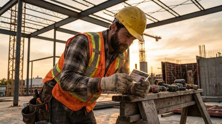 Travailleur quebecois verifiant son certificat de competence sur un chantier de construction