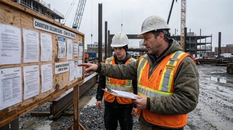 Superviseur expliquant les obligations CNESST chantier a un travailleur sur un site de construction au Quebec