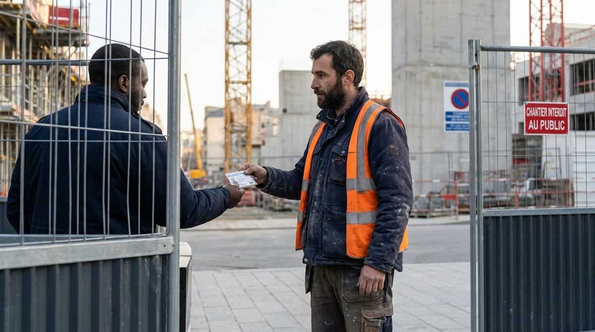 Artisan francais presentant sa carte BTP a l entree d un chantier urbain