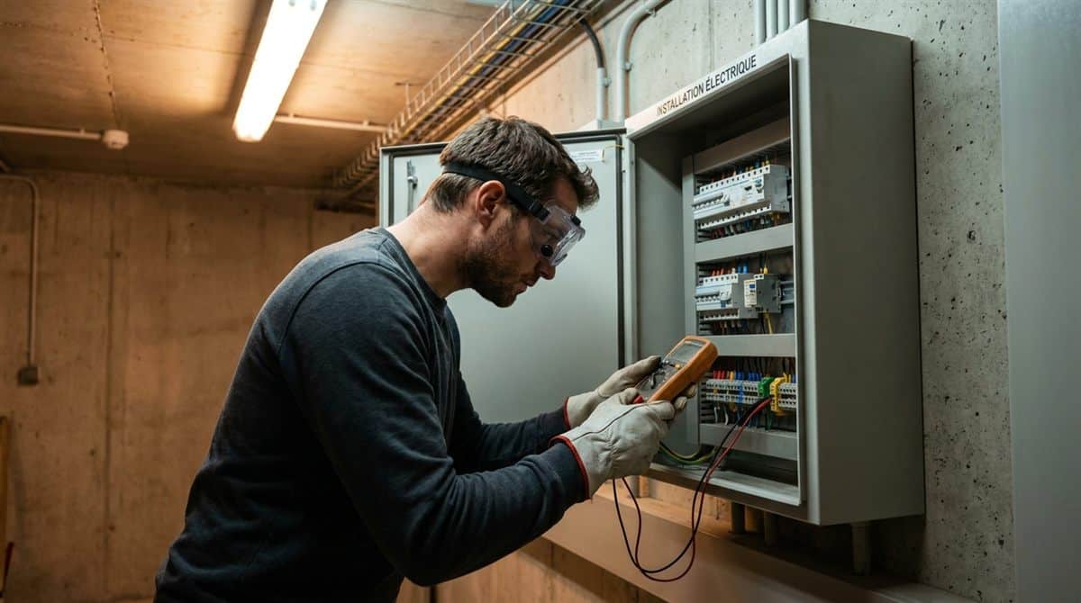 Electricien francais equipe de gants isolants travaillant sur un tableau electrique