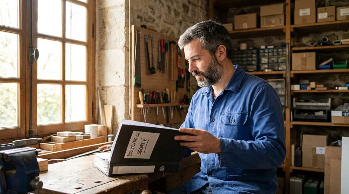 Artisan francais consultant un classeur de securite dans son atelier