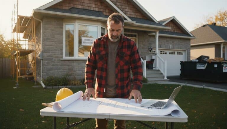 Entrepreneur québécois consultant des plans de rénovation devant une maison résidentielle