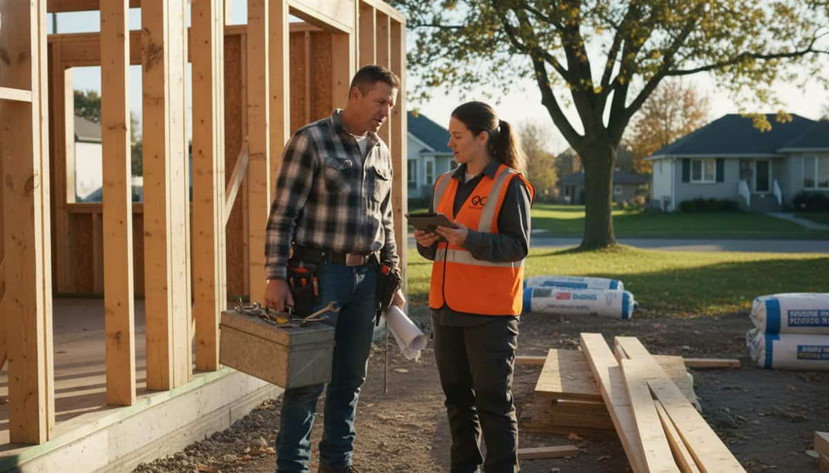 Travailleur autonome vs employé : deux personnes discutant de documents sur un chantier résidentiel au Québec