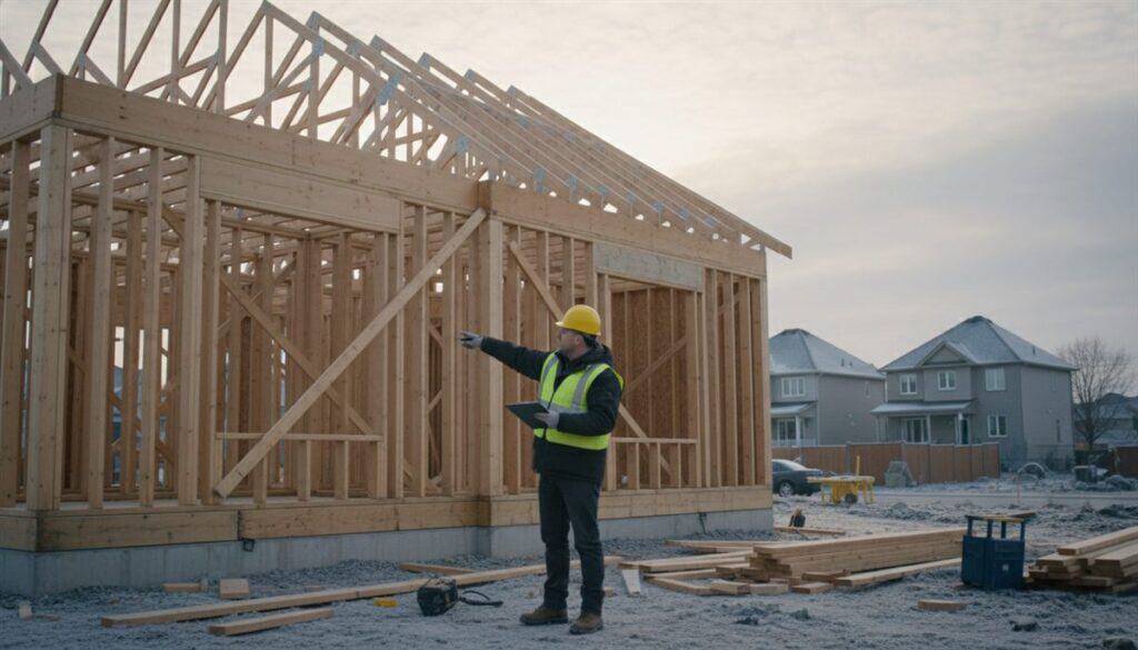 Inspecteur vérifiant la conformité d'une charpente sur un chantier de construction résidentiel au Québec