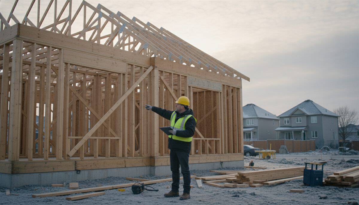 Inspecteur vérifiant la conformité d'une charpente sur un chantier de construction résidentiel au Québec