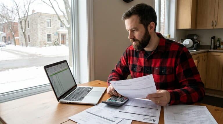 Travailleur autonome québécois révisant ses acomptes provisionnels à la table de cuisine