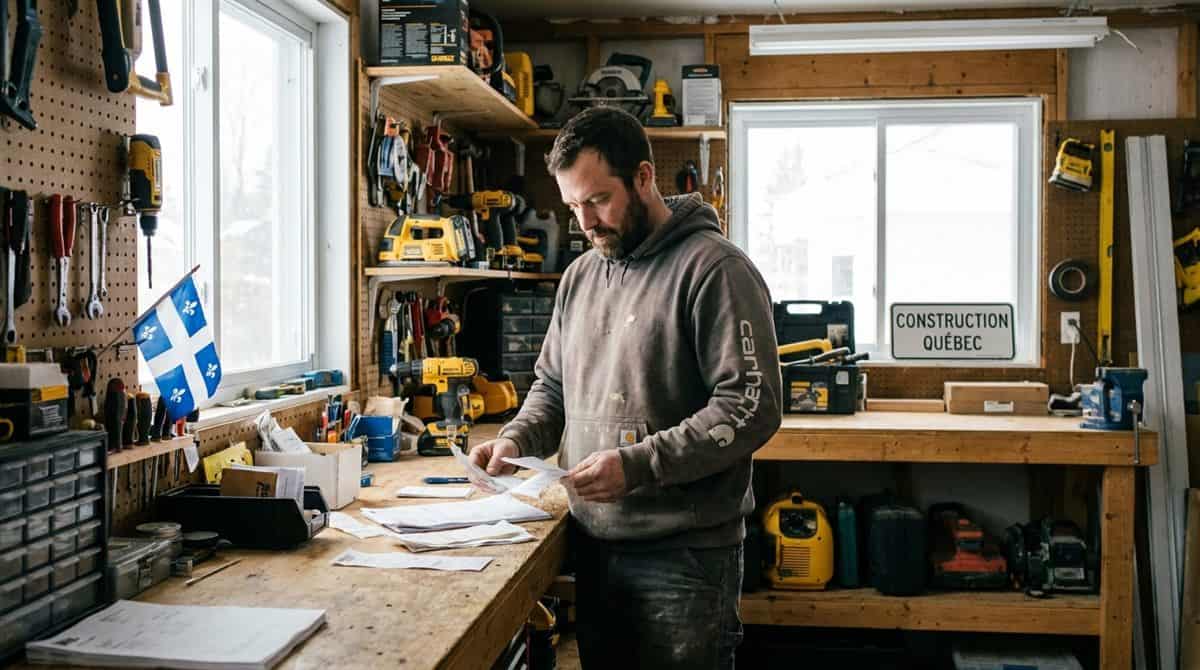 Entrepreneur en construction québécois organisant ses reçus de dépenses dans son atelier